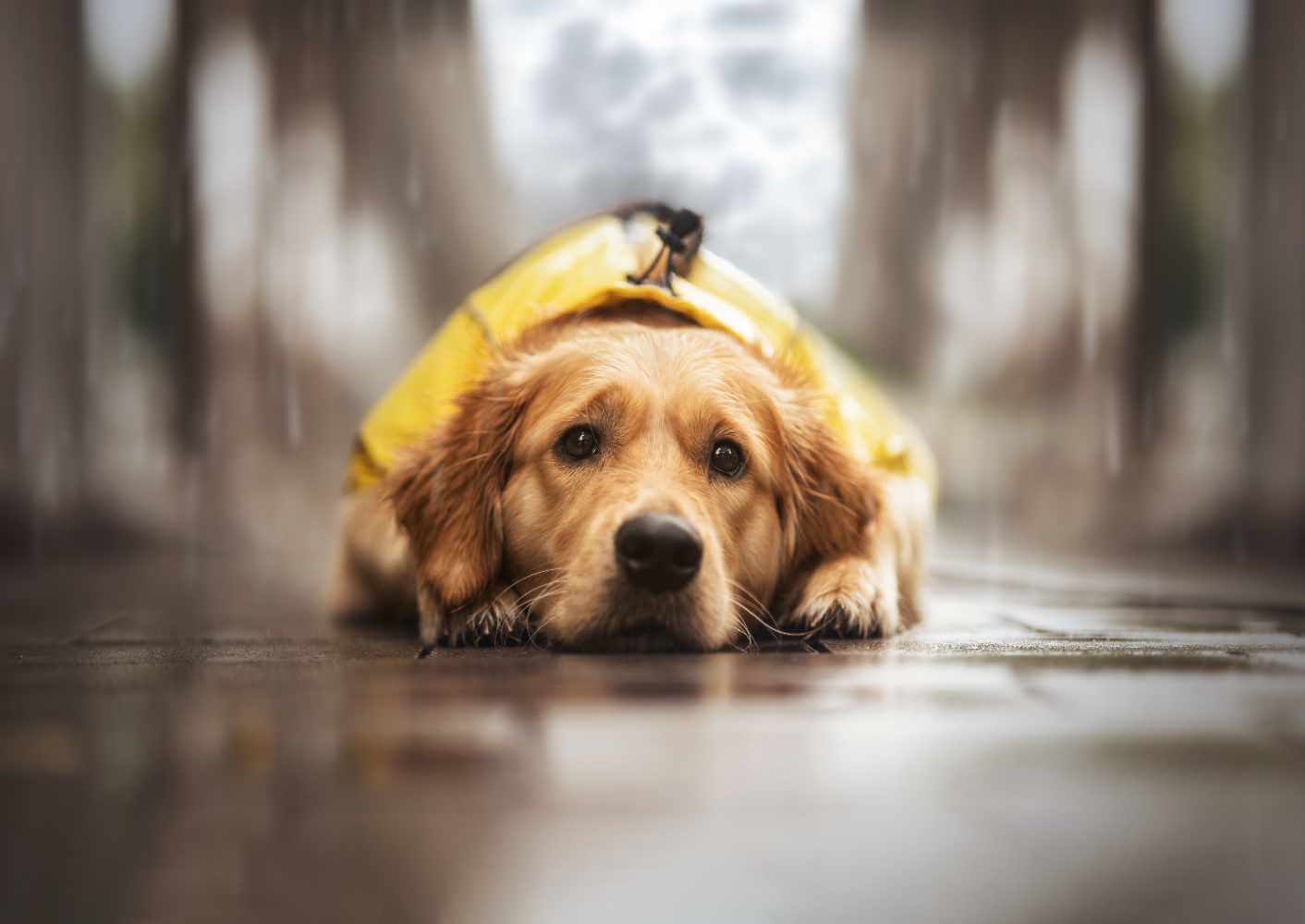 Hund mit Regenmantel liegt auf einem nassen Weg